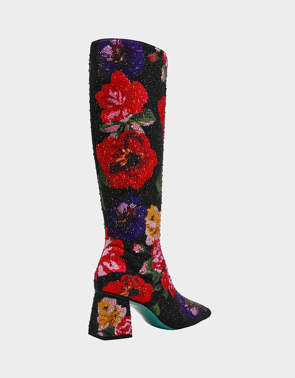 AVON BLACK FLOWER MULTI Women's Knee High Rhinestone Floral Boots