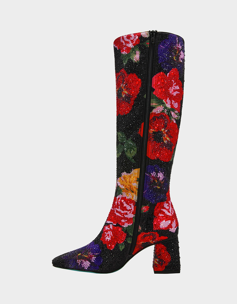 AVON BLACK FLOWER MULTI Women's Knee High Rhinestone Floral Boots