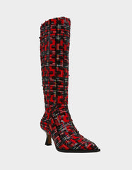 PAMELLA RED PLAID Women's Knee High Kitten Heel Boot with Pointed Toe