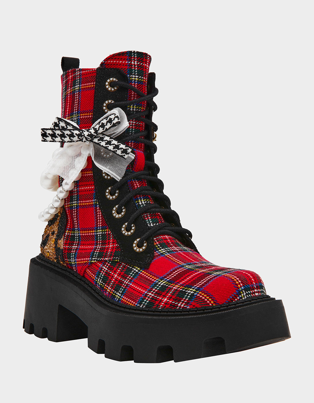 HARIETT RED PLAID Platform Lace-Up Lug Combat Pearl Women's Ankle Boot