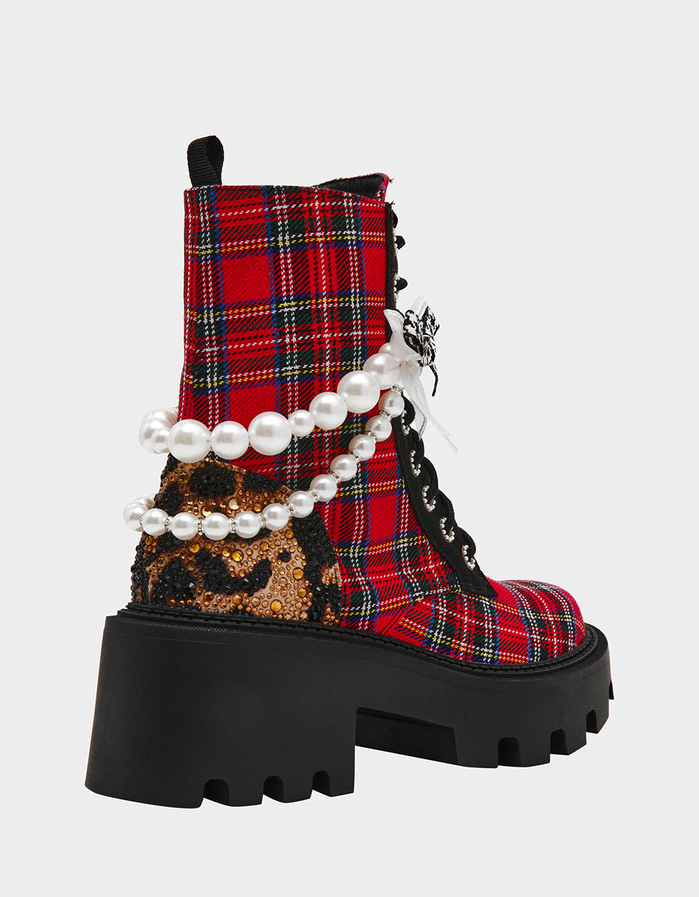 HARIETT RED PLAID Platform Lace-Up Lug Combat Pearl Women's Ankle Boot