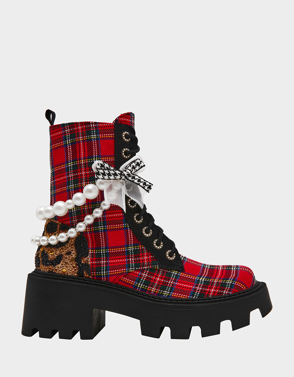 HARIETT RED PLAID Platform Lace-Up Lug Combat Pearl Women's Ankle Boot