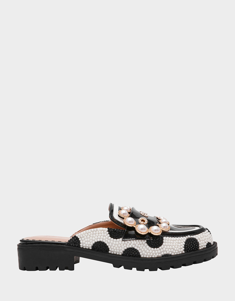 BARTON White/Black Polka Dot Mule Embellished Buckle Lug Women's Loafer