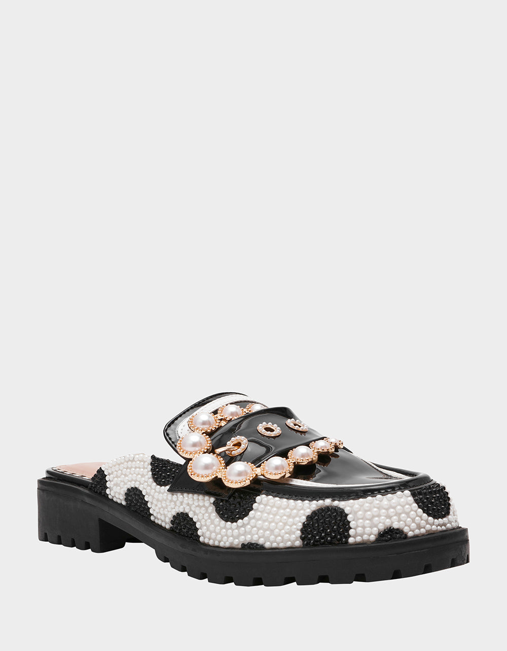 BARTON White/Black Polka Dot Mule Embellished Buckle Lug Women's Loafer