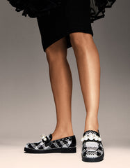 HARLOE BLACK WHITE PLAID Platfrom Pearl Embellished Women's Loafer