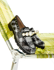 HARLOE BLACK WHITE PLAID Platfrom Pearl Embellished Women's Loafer