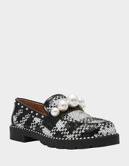 HARLOE BLACK WHITE PLAID Platfrom Pearl Embellished Women's Loafer