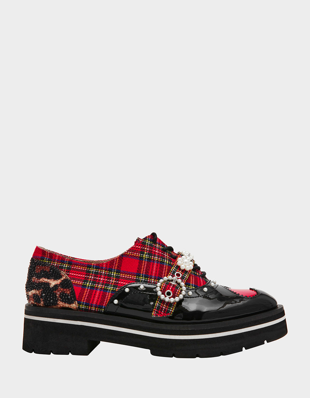 SIMONEE RED PLAID Platform Lace-Up Pearl Embellished Leopard Print Oxford Women's Loafer