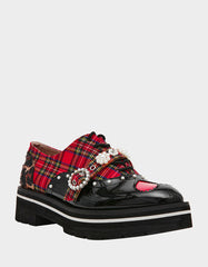 SIMONEE RED PLAID Platform Lace-Up Pearl Embellished Leopard Print Oxford Women's Loafer