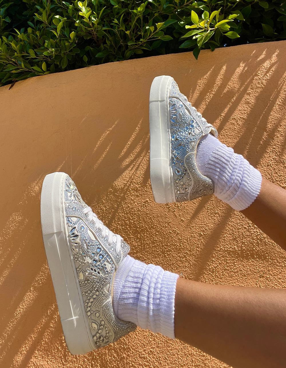 REILY WHITE Platform Low-Top Lace-Up Rhinestone Women's Sneaker