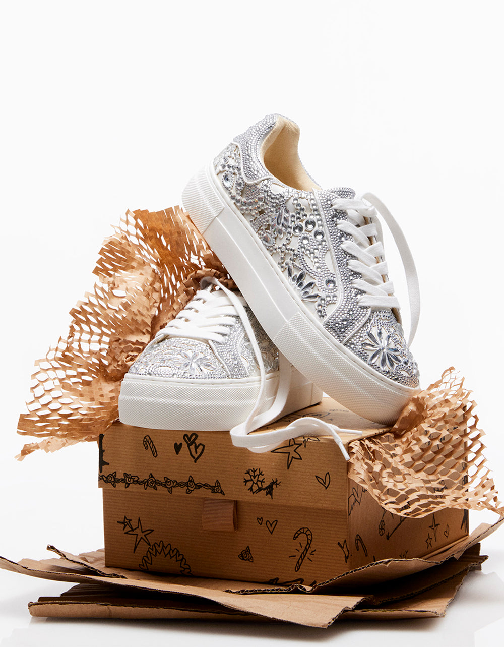REILY WHITE Platform Low-Top Lace-Up Rhinestone Women's Sneaker