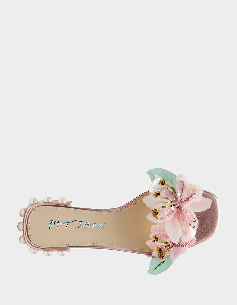 ROSIA Light Pink Flower Embellished Pearl Square-Toe Women's Block Heel
