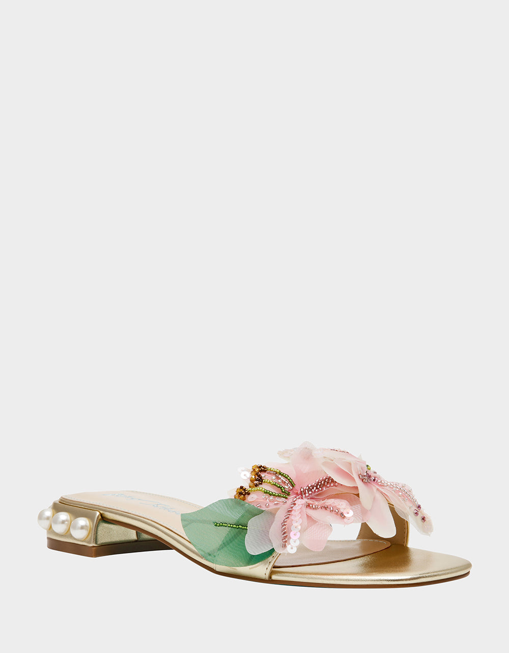 ROSIA Light Gold Flower Embellished Pearl Square-Toe Women's Block Heel