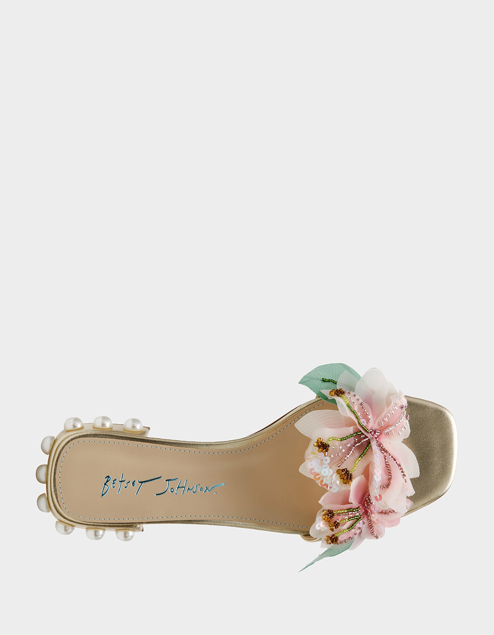 ROSIA Light Gold Flower Embellished Pearl Square-Toe Women's Block Heel