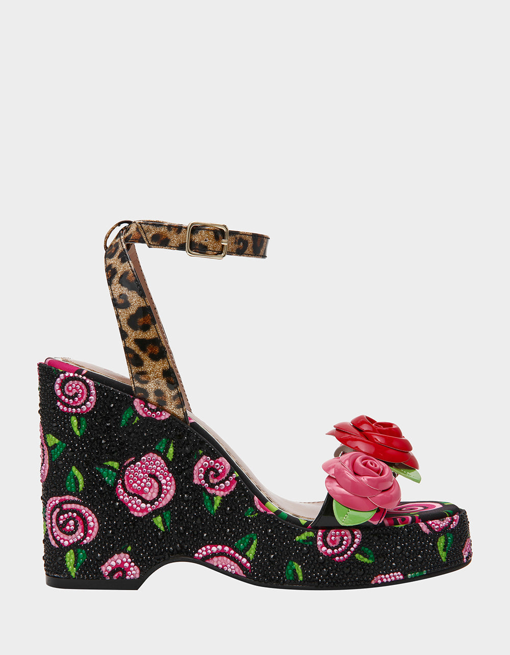 LIZZETE Black Rose Platform Flowers Embellished Women's Wedge Heel