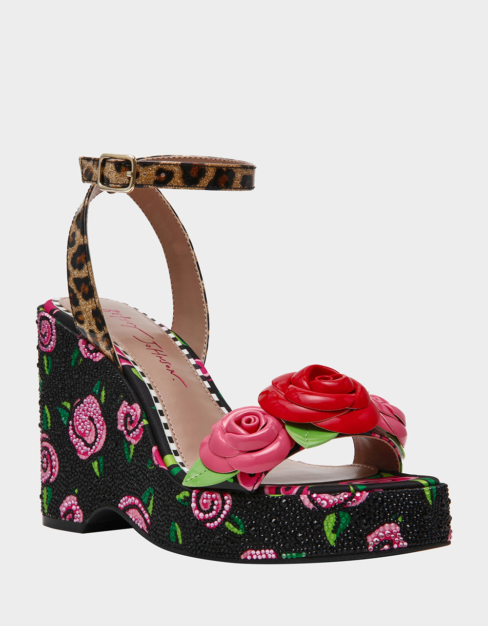 LIZZETE Black Rose Platform Flowers Embellished Women's Wedge Heel