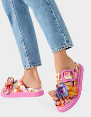 LORAYNE WHITE MULTI Women's Footbed Slip-On Sandal with Flower and Butterfly Details