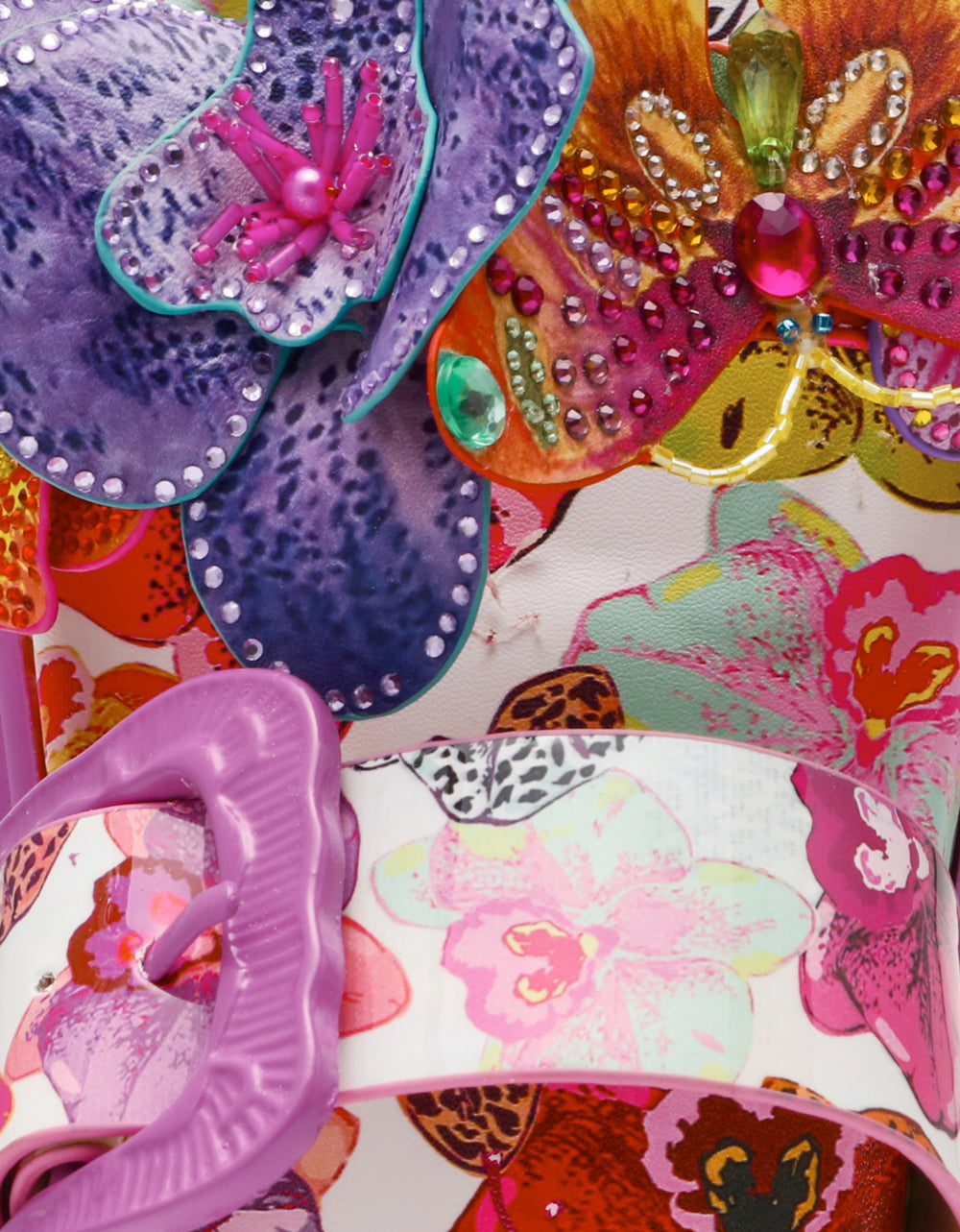 LORAYNE WHITE MULTI Women's Footbed Slip-On Sandal with Flower and Butterfly Details