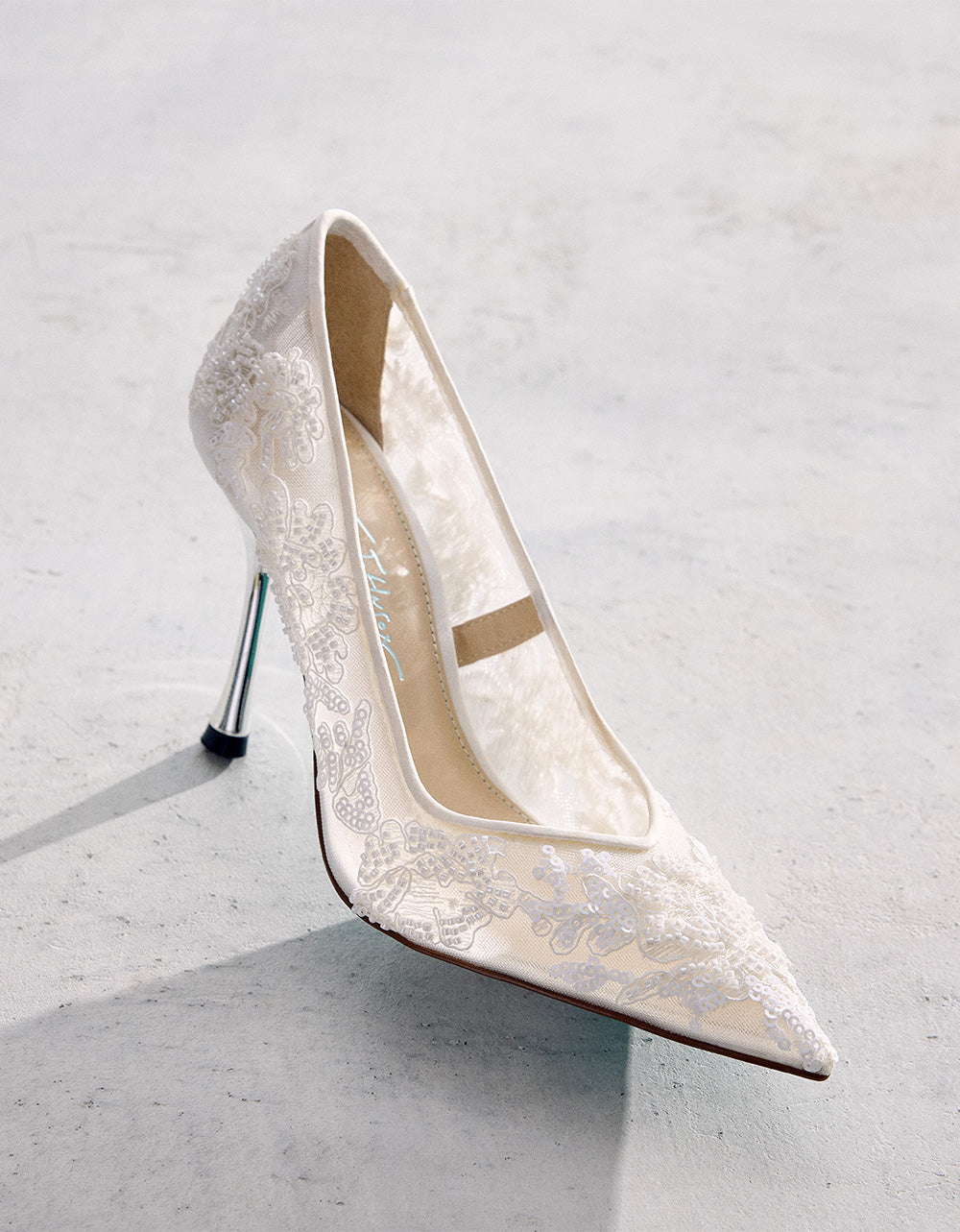 JENII IVORY Pointed-Toe Mesh Embellished Floral Print Pump Women's Heel