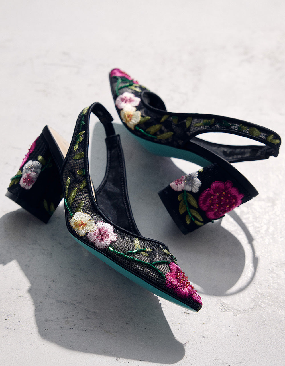 LIRA BLACK MULTI FLORAL Pointed-Toe Slingback Mesh Women's Heel