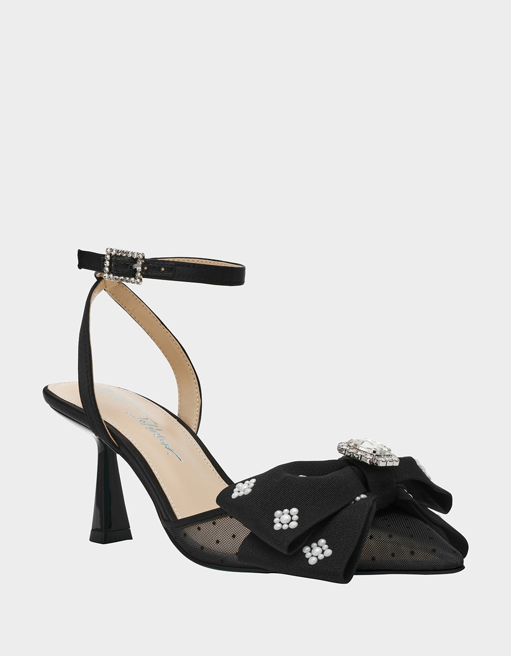 MARK BLACK Pointed-Toe Mesh Pump Rhinestone Bow Women's Heel