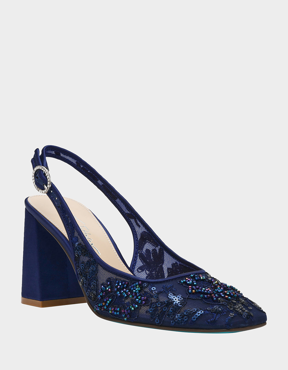 NINAH NAVY Square-Toe Slingback Mesh Block Heels