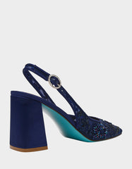 NINAH NAVY Square-Toe Slingback Mesh Block Heels