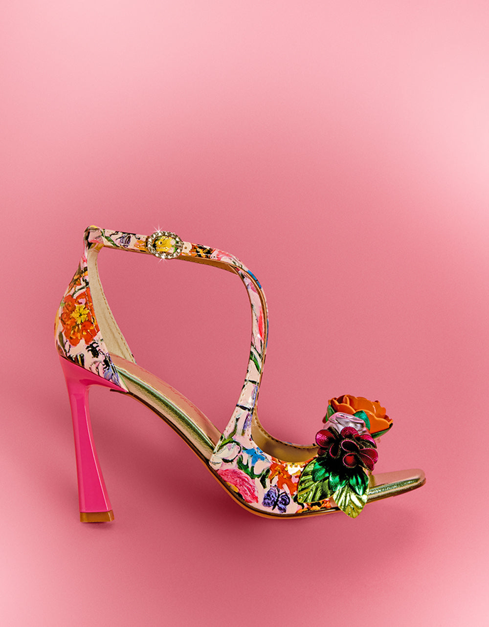 MIKAH PALE PINK FLORAL Square-Toe Strappy Heel