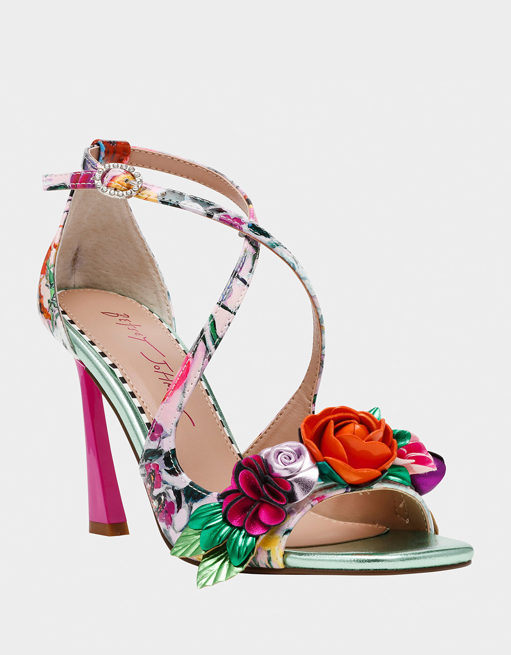 MIKAH PALE PINK FLORAL Square-Toe Strappy Heel