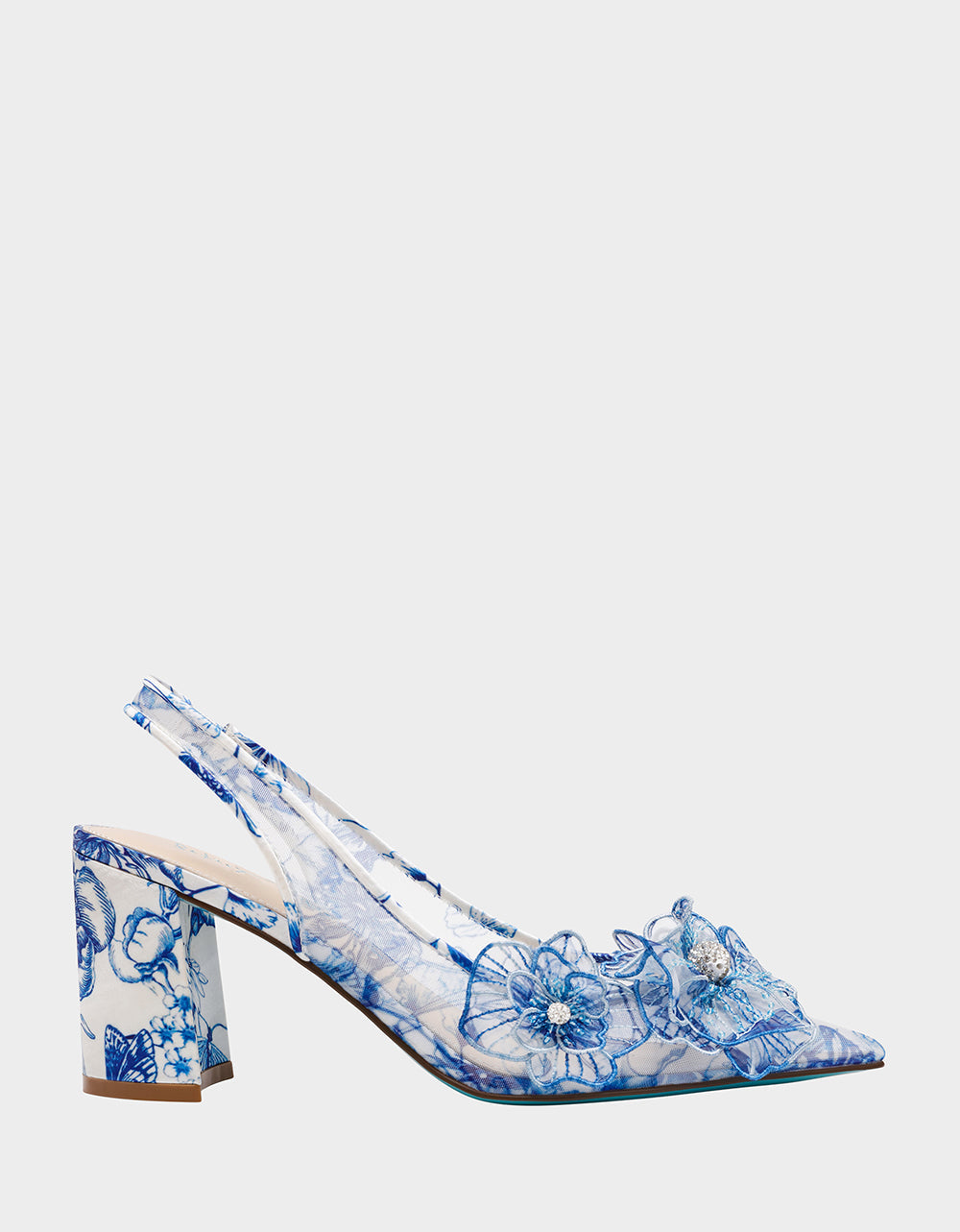 PETRA WHITE/BLUE FLORAL Slingback Floral Mesh Block Heel