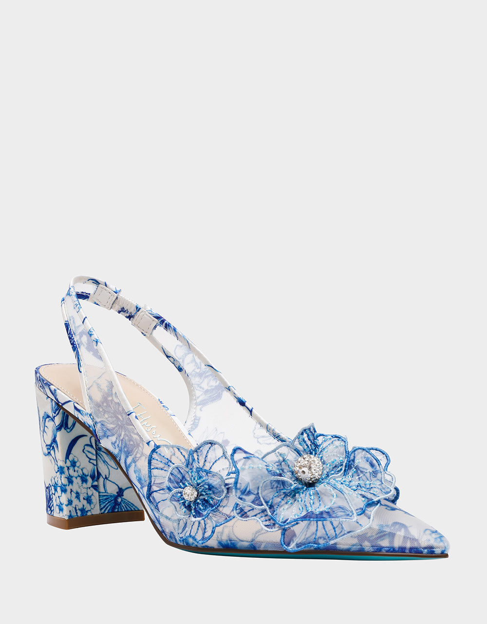 PETRA WHITE/BLUE FLORAL Slingback Floral Mesh Block Heel