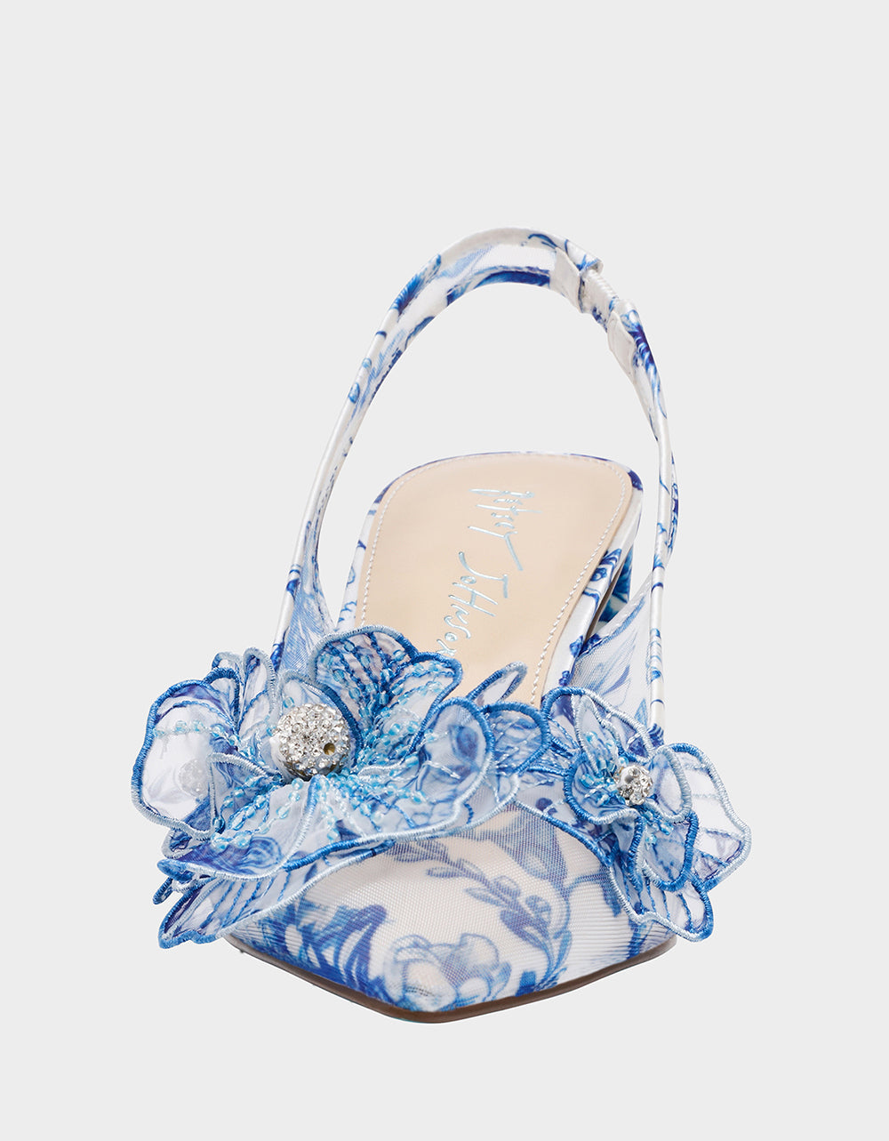 PETRA WHITE/BLUE FLORAL Slingback Floral Mesh Block Heel