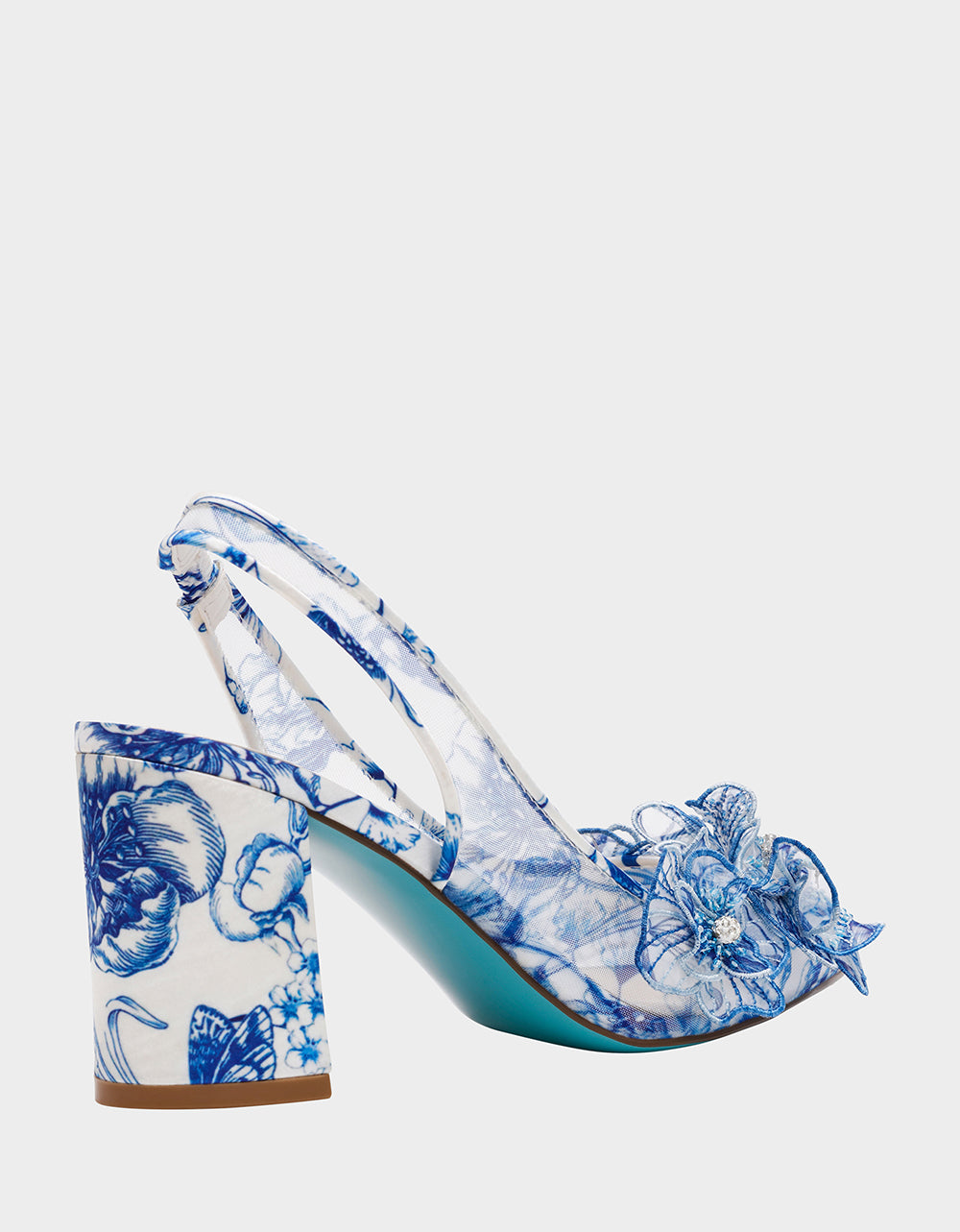 PETRA WHITE/BLUE FLORAL Slingback Floral Mesh Block Heel