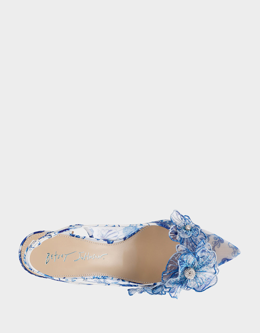 PETRA WHITE/BLUE FLORAL Slingback Floral Mesh Block Heel