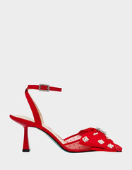 MARK RED Pointed-Toe Mesh Pump Rhinestone Bow Women's Heel