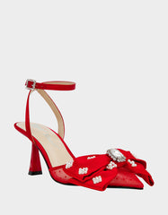 MARK RED Pointed-Toe Mesh Pump Rhinestone Bow Women's Heel