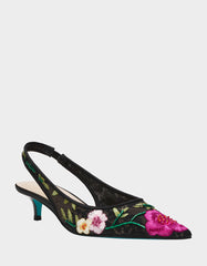FELIX BLACK MULTI FLORAL Pointed-Toe Slingback Pump Kitten Heel