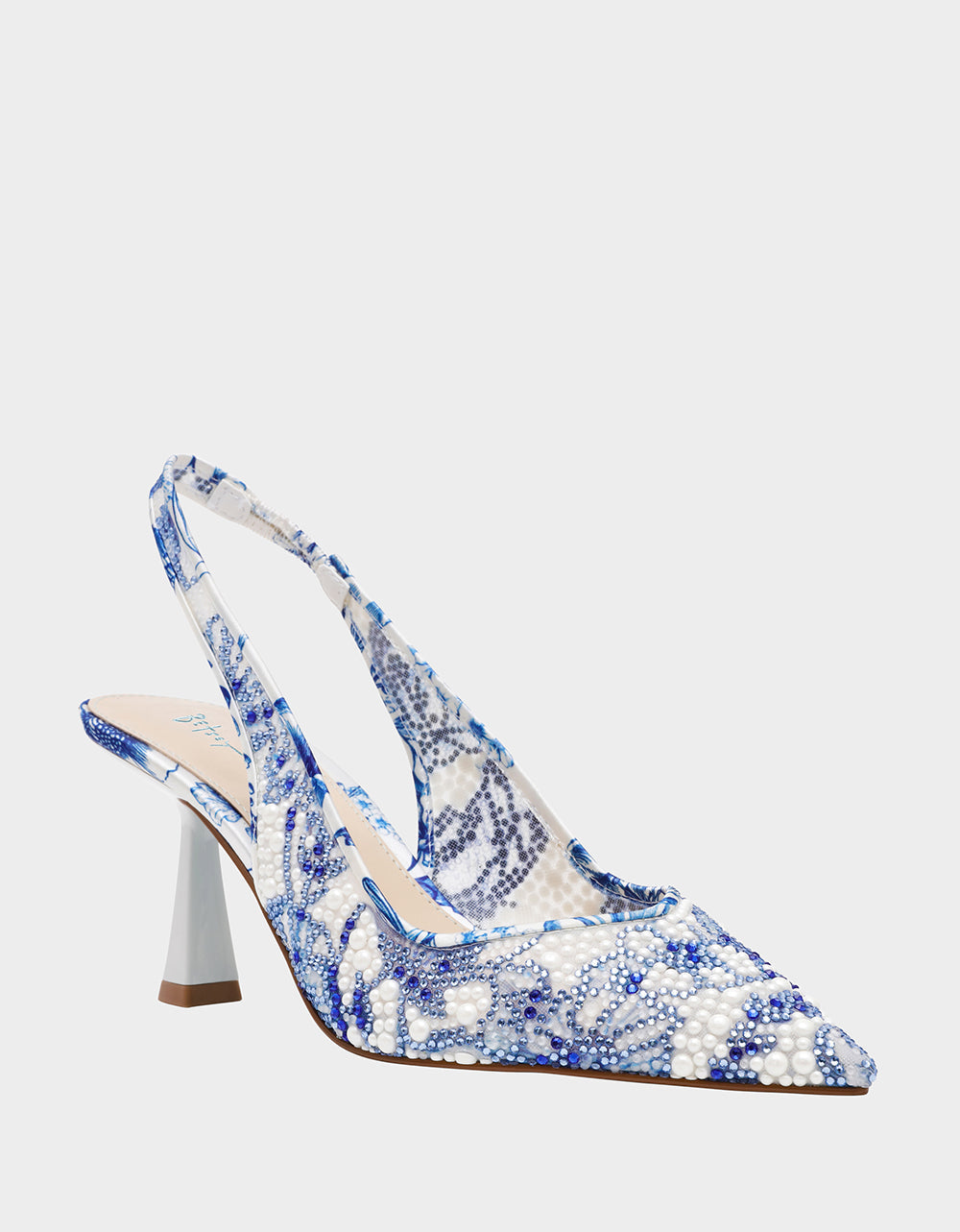 CLARK HEELS WHITE/BLUE FLORAL Women's Sling-Back Mesh Rhinestone Heel