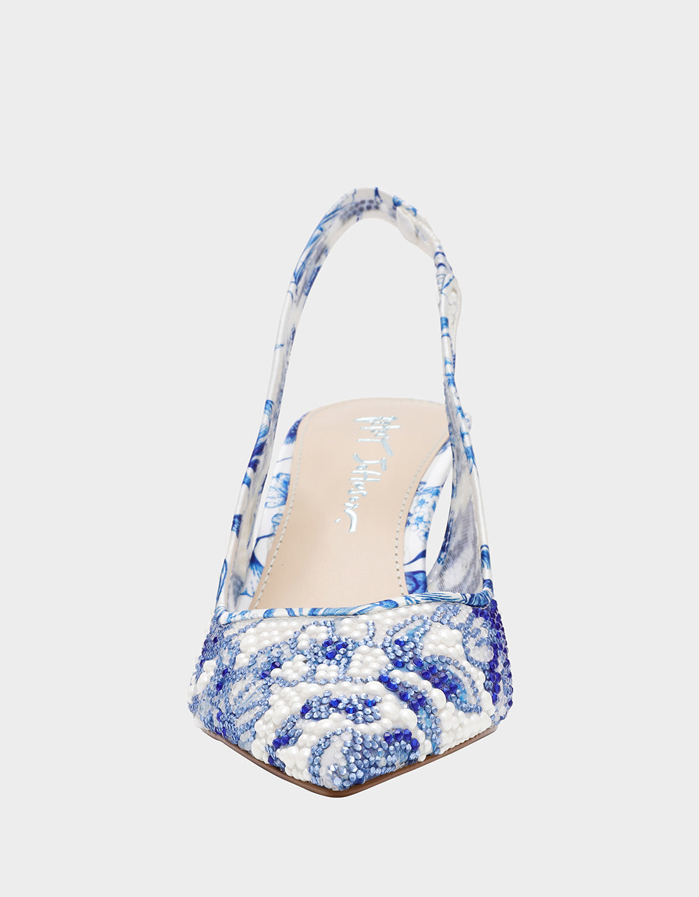 CLARK HEELS WHITE/BLUE FLORAL Women's Sling-Back Mesh Rhinestone Heel