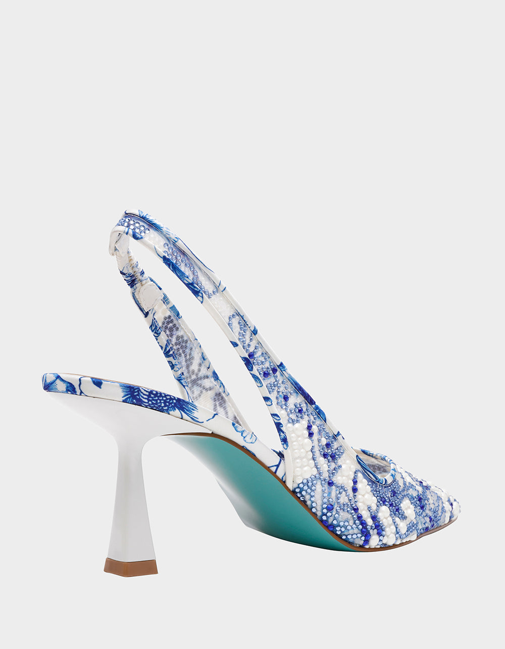 CLARK HEELS WHITE/BLUE FLORAL Women's Sling-Back Mesh Rhinestone Heel