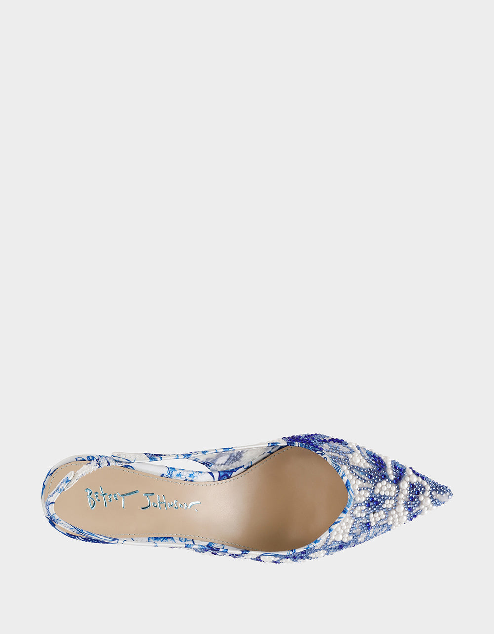 CLARK HEELS WHITE/BLUE FLORAL Women's Sling-Back Mesh Rhinestone Heel