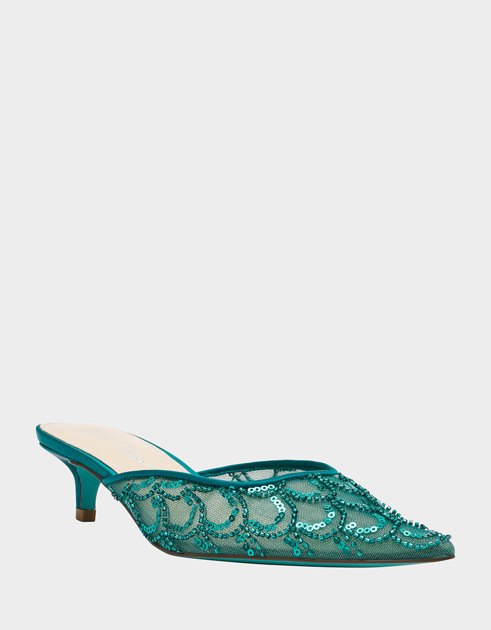ELLIS EMERALD Pointed-Toe Mesh Embellished Mule Women's Kitten Heel