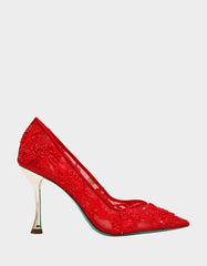 JENII RED Pointed-Toe Mesh Embellished Floral Print Pump Women's Heel