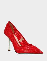 JENII RED Pointed-Toe Mesh Embellished Floral Print Pump Women's Heel