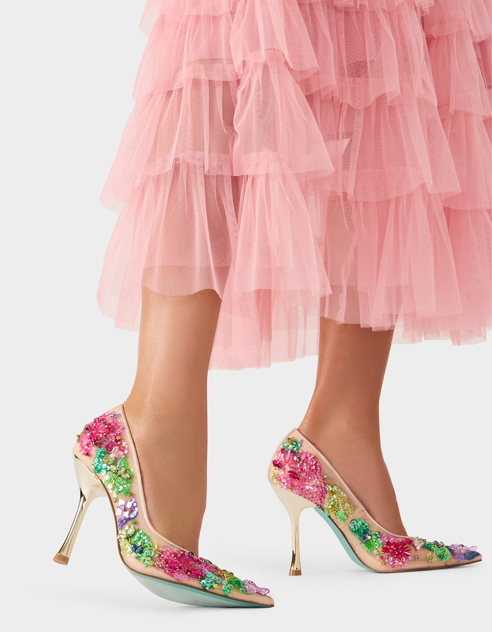 NETTA NUDE MULTI Women's Floral Embellished Nude Mesh High Heel