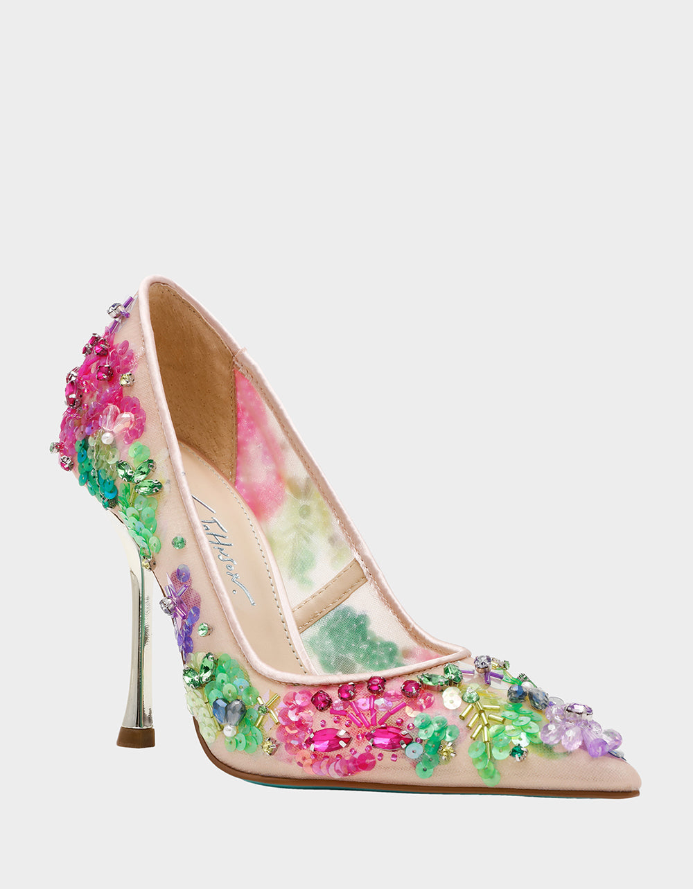 NETTA NUDE MULTI Women's Floral Embellished Nude Mesh High Heel