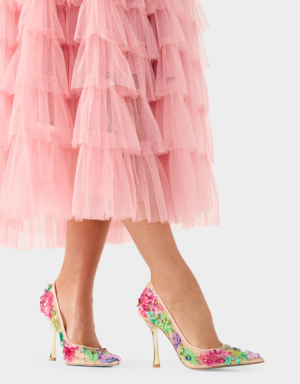 NETTA NUDE MULTI Women's Floral Embellished Nude Mesh High Heel