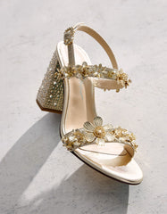 DRUE LIGHT GOLD Strappy Open-Toe Rhinestone Embellished Flower Women's Heel