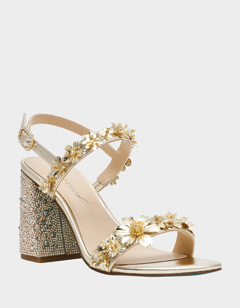 DRUE LIGHT GOLD Strappy Open-Toe Rhinestone Embellished Flower Women's Heel