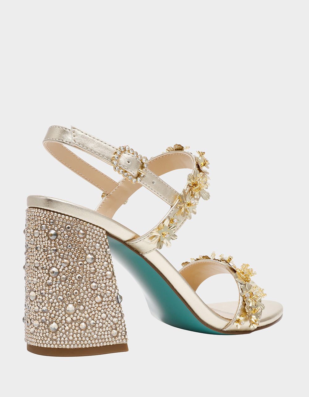 DRUE LIGHT GOLD Strappy Open-Toe Rhinestone Embellished Flower Women's Heel